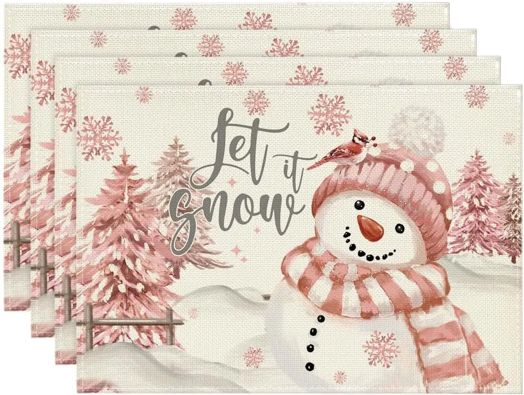 Xmas Trees Let It Snow Pink Snowman Christmas Placemats Set of 4,  Winter Table Mats for Party Kitchen Dining Decoration