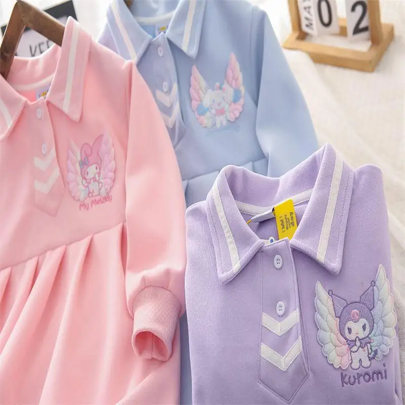 Kawaii My Melody Kids Spring Autumn Dress Sanrios Kuromi Cinnamoroll Girls Fashion Long Sleeve Princess Skirt Cute Preppy Dress