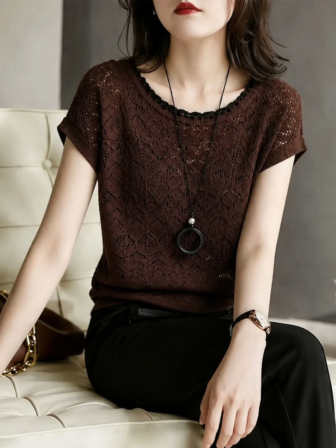 Fashionable Retro Knitted Top Hollow out Short Sleeve Comfortable Soft Korean Style Straight Cut Summer New Lazy Style Women'...