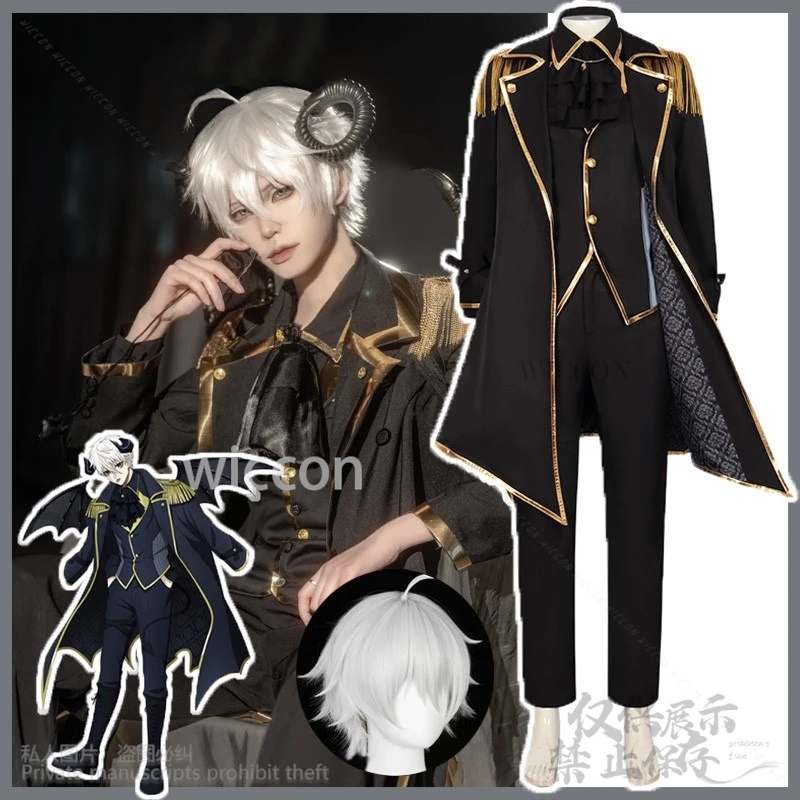 

Anime Seishiro Nagi Evil Cosplay Costume Blue Locked Black Uniform Wigs For Halloween Party Devil Horn Tail Cos Customized