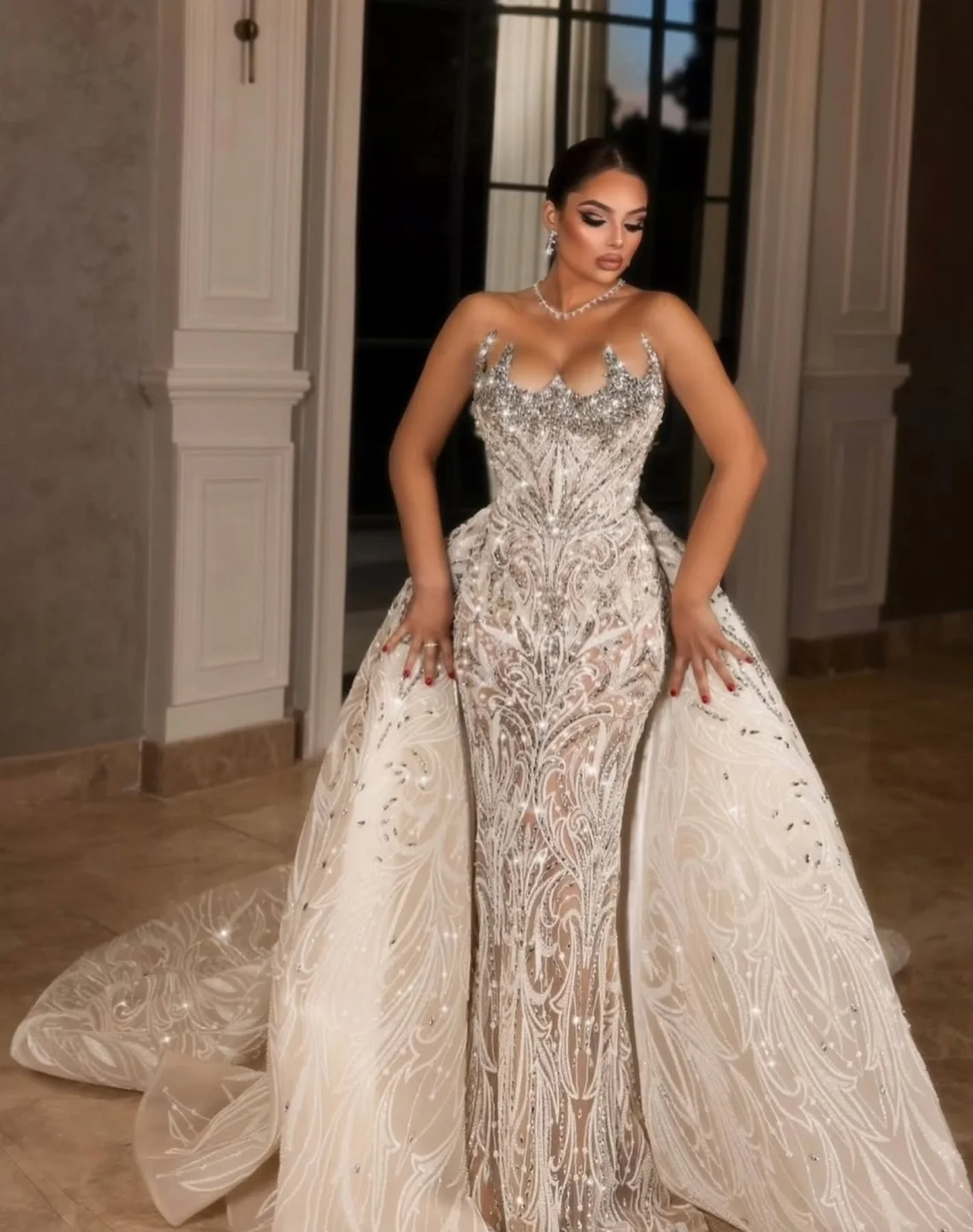 Vestido de noiva sereia de cristal vintage, sexy, sem mangas, renda, vestido de noiva com trem destacável, personalizado