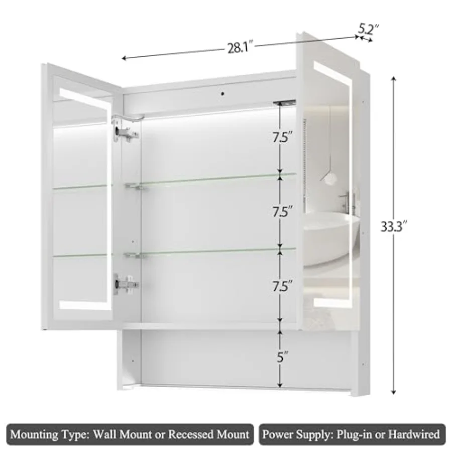 Bathroom lighted medicine cabinet with double-sided light and mirror, anti-rust aluminum, white, adjustable light/anti-fog/outl