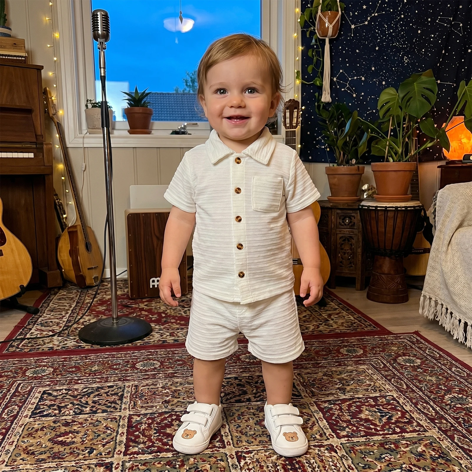 2Pcs Toddler Boy Summer Outfit Short Sleeve Lapel Neck Solid Color Button Down Textured Tops and Elastic Waist Shorts