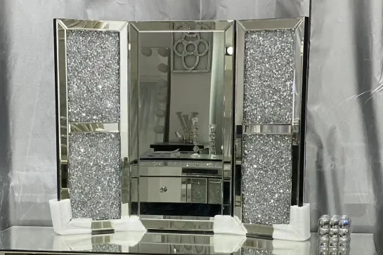 Crystal Shinny Mirrored Frame Decor Vanity Dresser Silver Glass Dressing Table For Bedroom Furniture