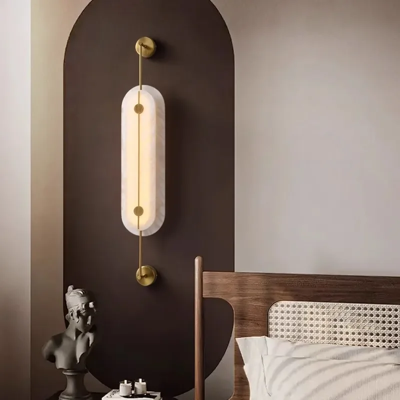 

Simple Natural Marble Wall Lamp Living Room Background Wall Lamp Bedroom Bedside Study Aisle Decorative Pure Copper Wall Light