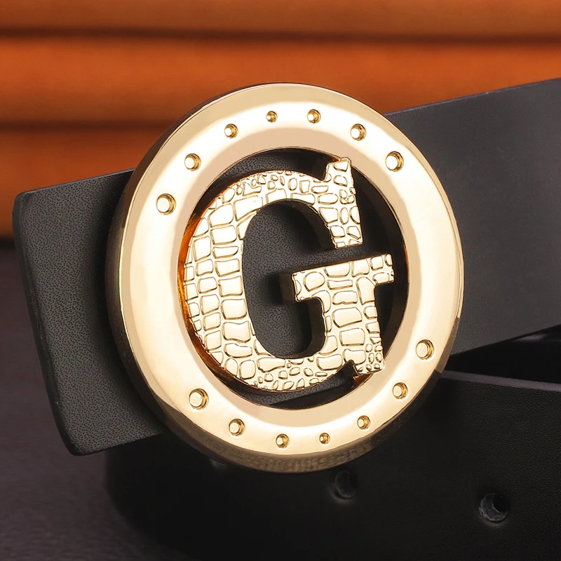 G レターバックルメンズベルト幅 3.8 センチメートル本革黒色ゴールデンウエストストラップ男性牛革