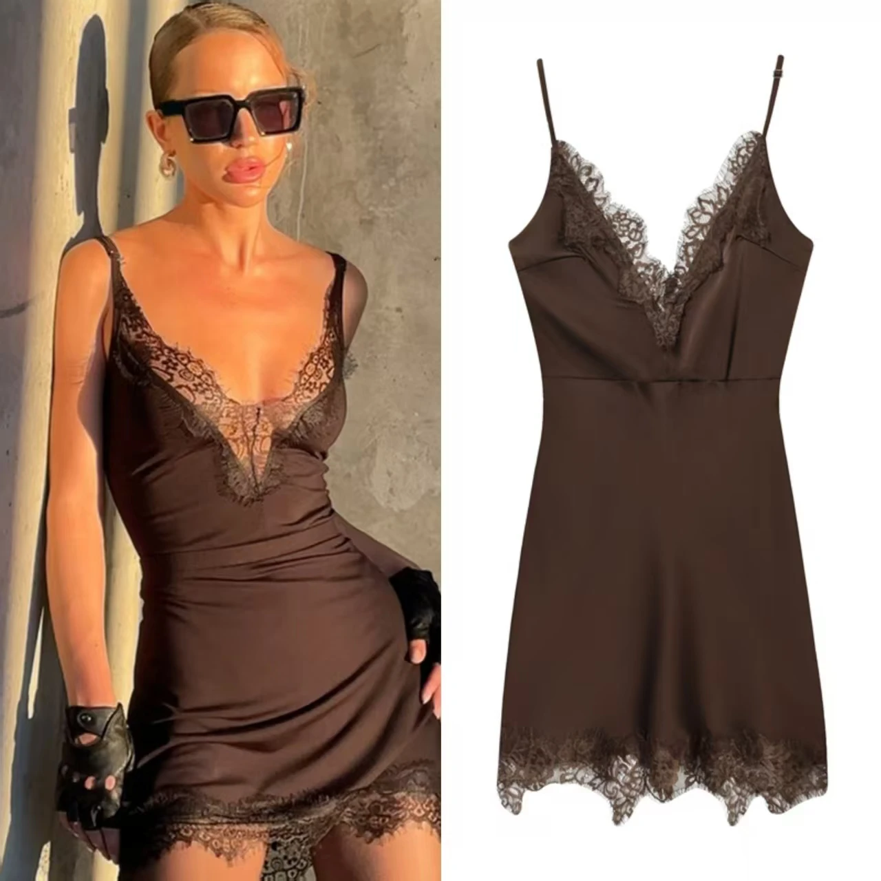 Vestido feminino 2025 outono novo estilo marrom avermelhado cinta renda guarnição com decote em v mini vestido sexy e elegante