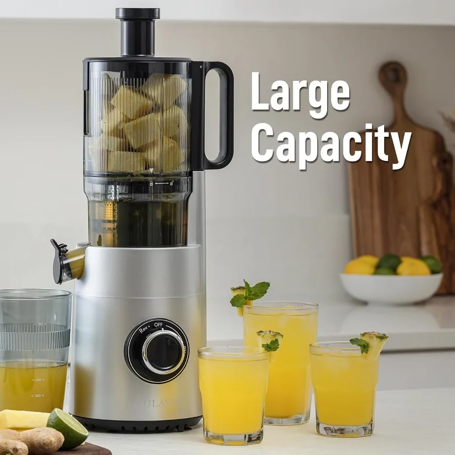 5つの幅広投入口と50 RPMの低速咀嚼技術を備えたコールドプレスジューサーで、酸化を抑え、特許取得されたデザインにより高いジュース量を確保します。