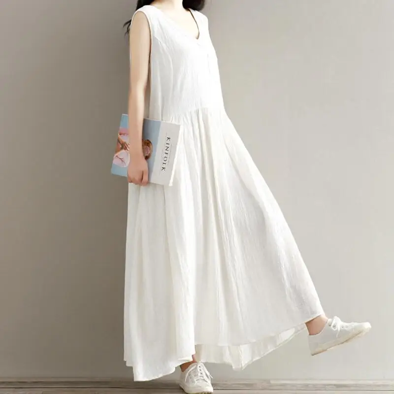 2025 الصيف الخريف طويل ماكسي القطن فساتين كتان الخامس الرقبة سترة فستان فضفاض Vestidos حجم كبير المرأة فستان أنيق عتيق غير رسمي