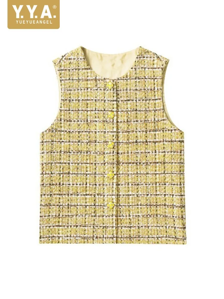 Elegant Female Solid Color Round Neck Sleeveless Straight Vests Versatile Ladies Single-Breasted Leisure Plaid Outerwear