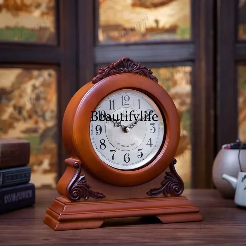 for European Retro Solid Wood Creative Desk Clock Silent Living Room Bedroom American Style Hour Clock Ornament
