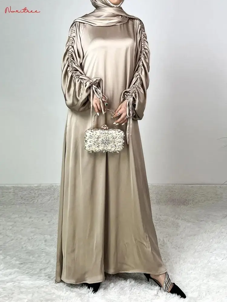 

Ramadan Fashion Dubai Shilky Muslim Dress female Islamic Kaftan Robe Musulman Abaya With Ribbons Sleeve Dress wy2092