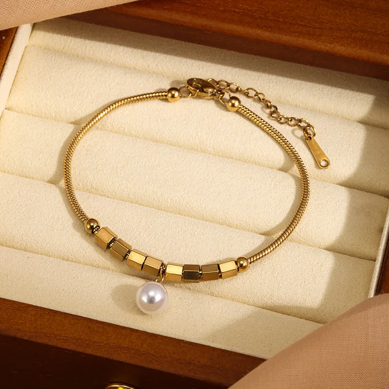 Fashion Titanium Steel Bracelet, Small Square Imitation Pearl Interval Beaded Chain Bracelet