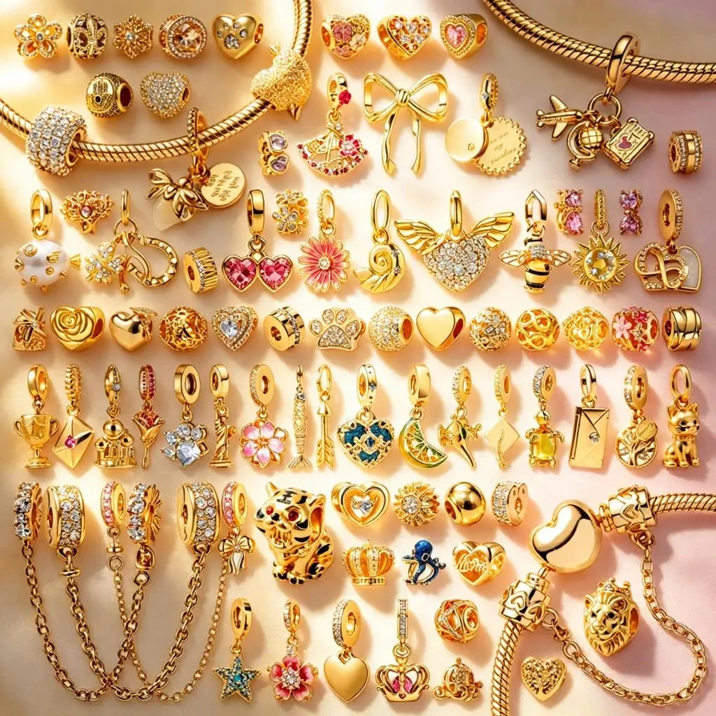 Sparkling Gold Plated Charms DIY Jewelry Gifts Family Tree Cherry Blossom Pet Paw Print Hearts Bow Beads Fit Original Bracelets