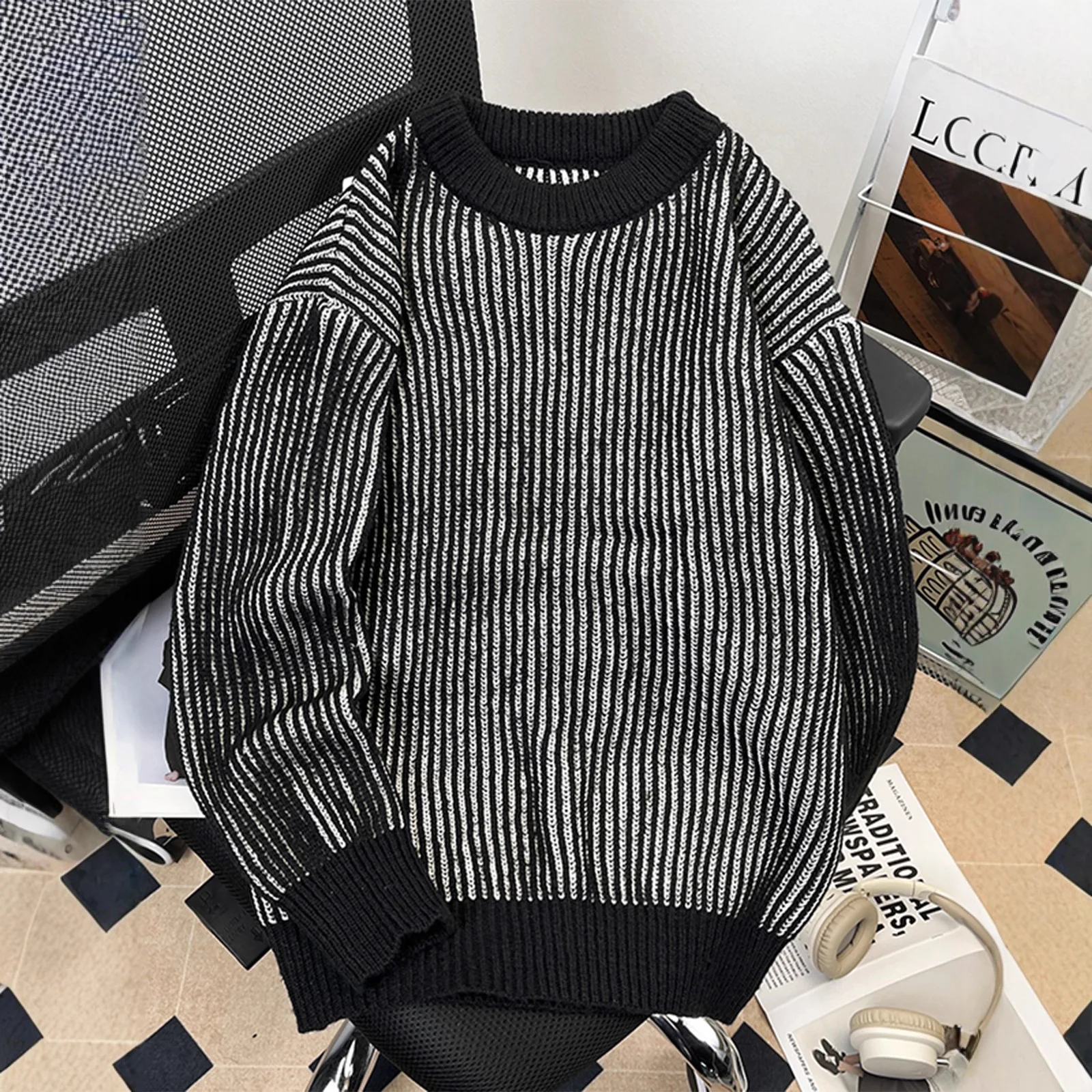 

Men's Thiened Fce Lined Casual round Ne Knitwear Stripe Patterned Loose Fit Comfortable Warm Top for Autumn Winter