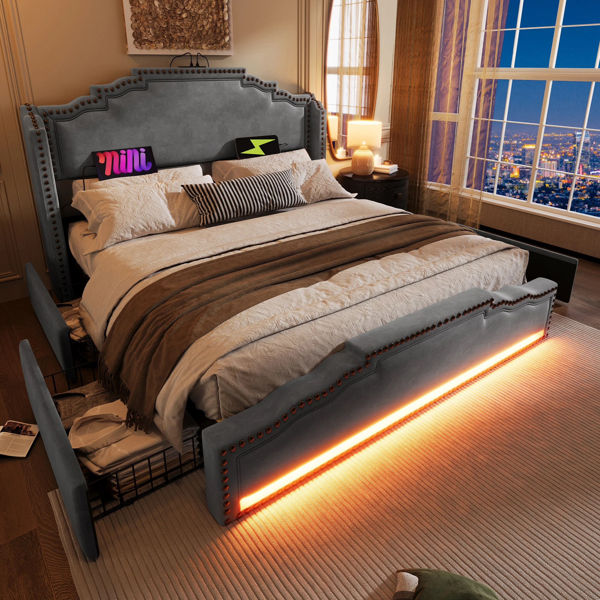 Lit avec tiroirs 140 × 200 cm Lit double - 4 tiroirs, USB, Type-C et LED réglables - sans matelas - en velours gris