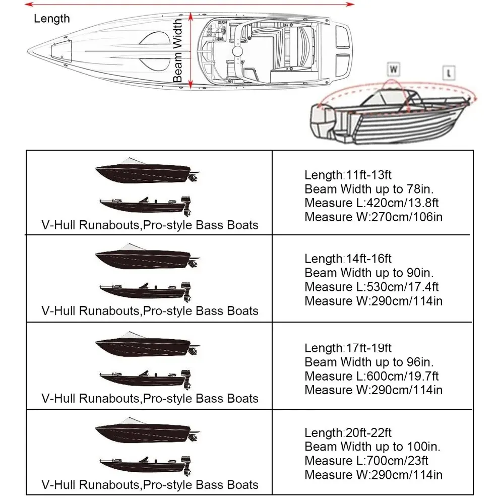 Heavy Duty Fishing Ski Boat Cover For 11-13' 14-16' 17-19' 20-22' V-Hull Waterproof Sunproof UV Protector Boat Mooring Cover