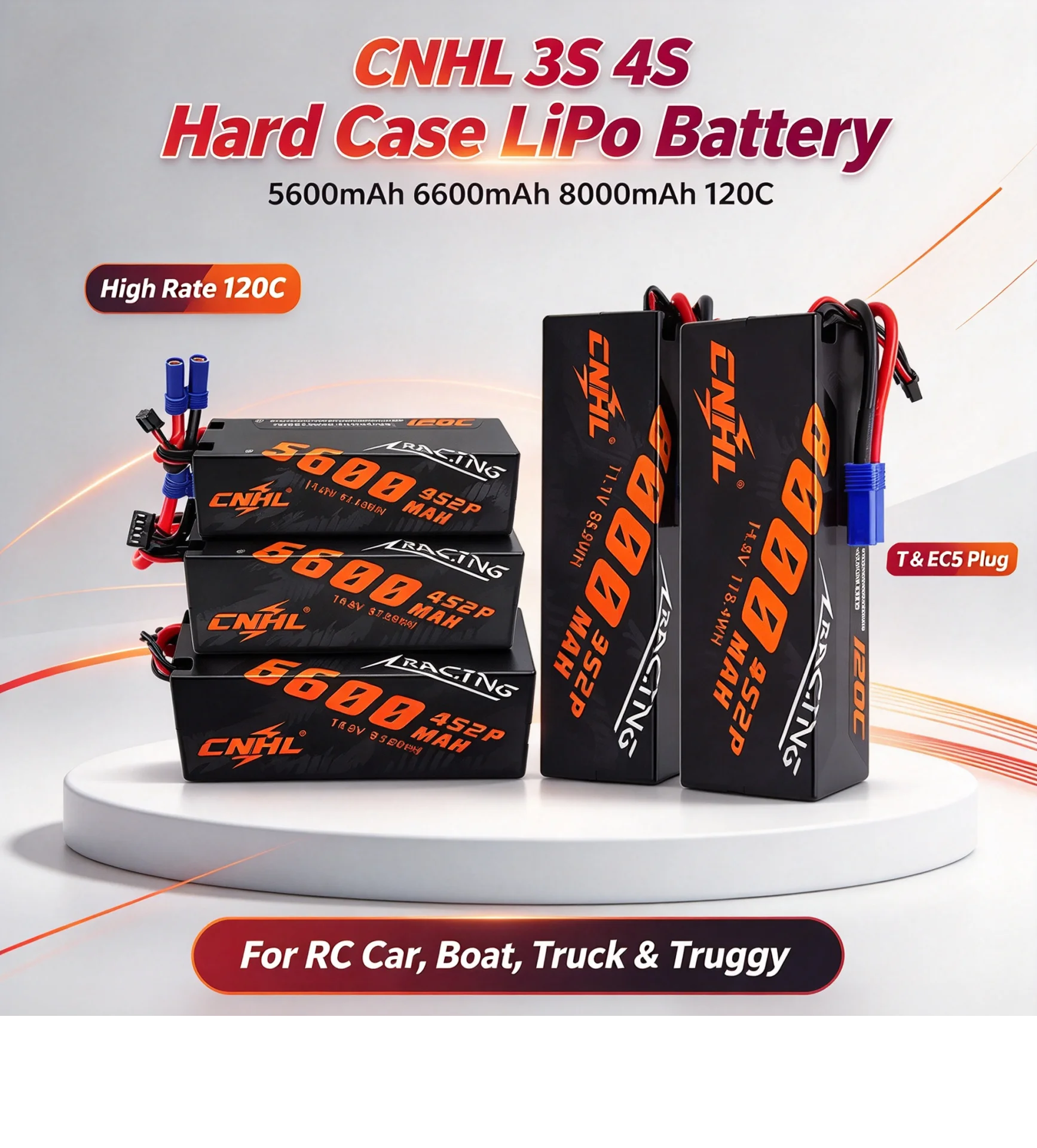 3S 4S 11.1V 14.8V Hard Case LiPo Battery Pack, 5600-8000mAh 120C with T/EC5 Plug for RC Vehicles