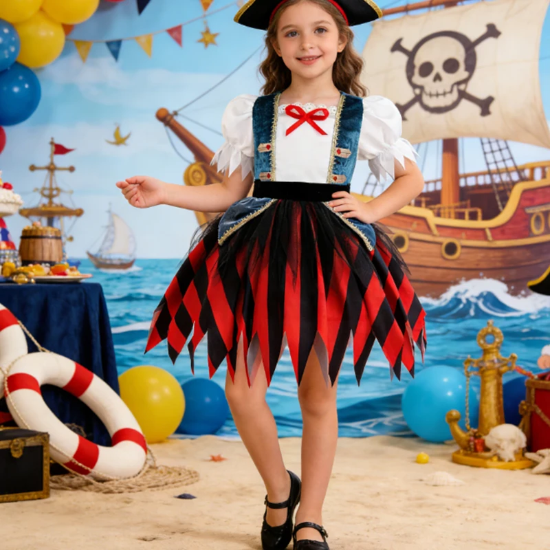 2026 Girls Pirate Costume With Hat For Halloween Carnival Birthday Family Party Pirates costume Buccaneer Fancy Dress Ball Gown