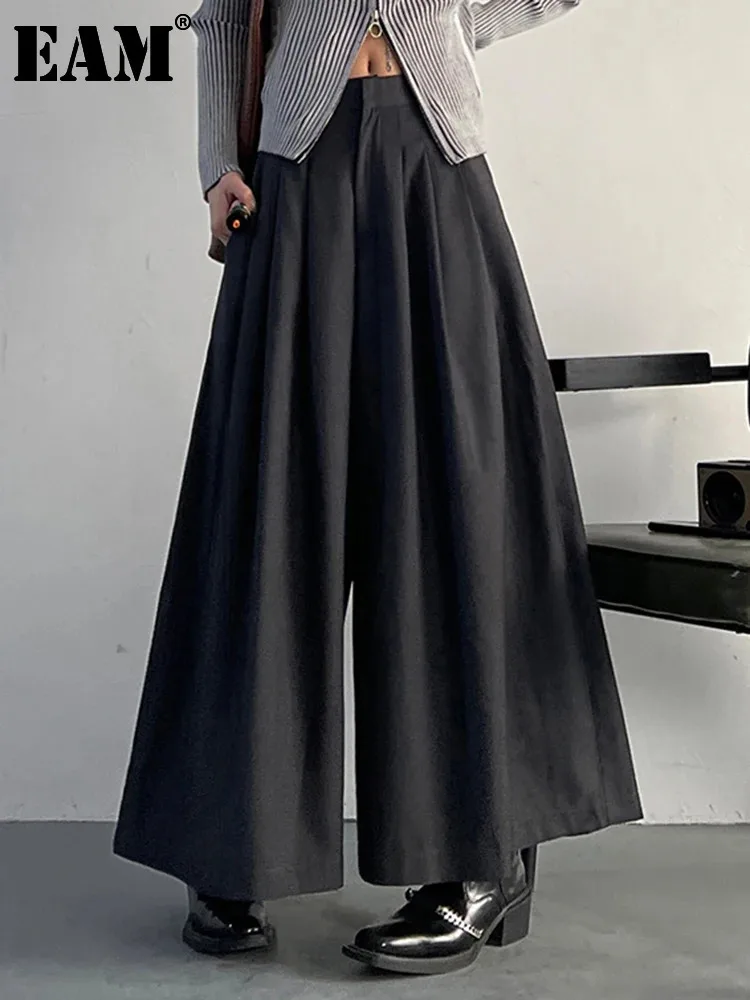 EAM Gray Pleated Zipper Casual Wide Leg Pants High Waist New Loose Fit Trousers Women Fashion Tide Spring Autumn 2025 30A1716