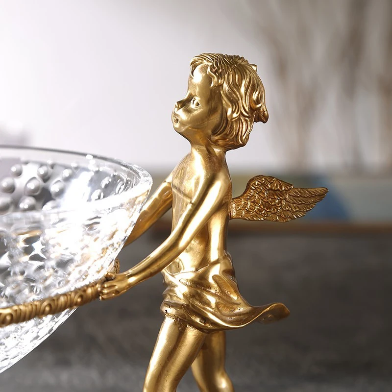 Classical Pure Brass Angel Crystal Fruit Bowl European Honeycomb Candy Snack Bowls Living Room Coffee Table Desktop Ornaments