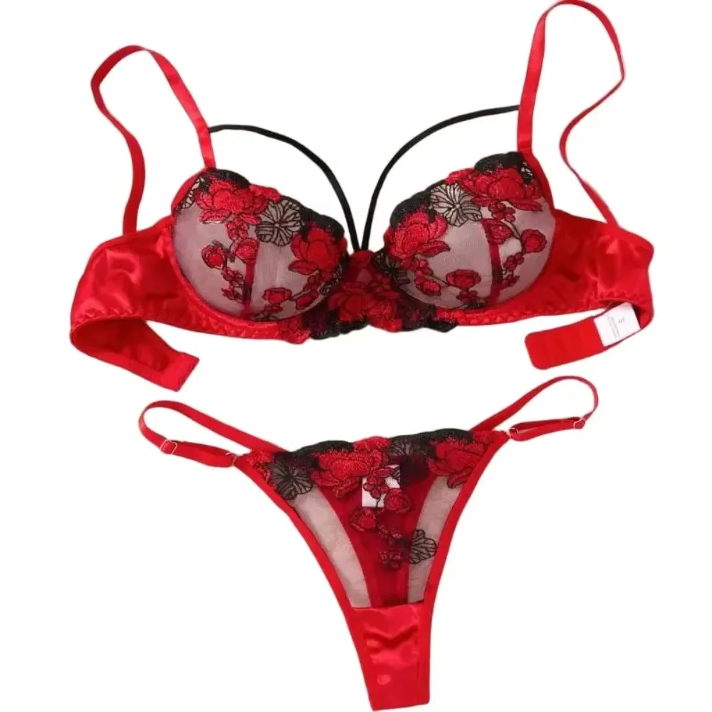 

New Floral Embroidered Women's Bra Set Black and Red Gothic Style Lingerie Set Sexy Underwear Set Women Girls