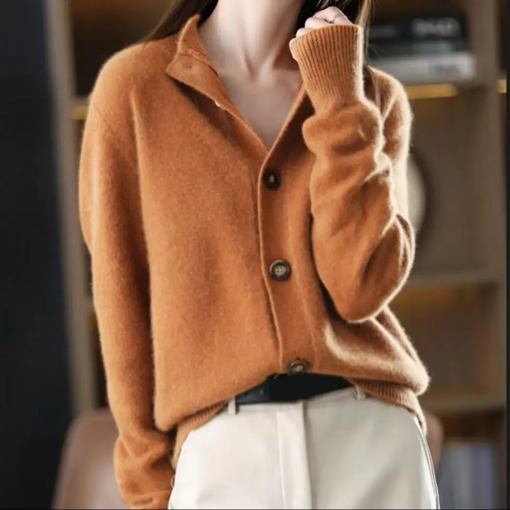Women Sweater Coat Single-breasted Stand Collar Long Sleeves Knitted Loose Pure Color Knitwear Short Type Cardigan Jacket