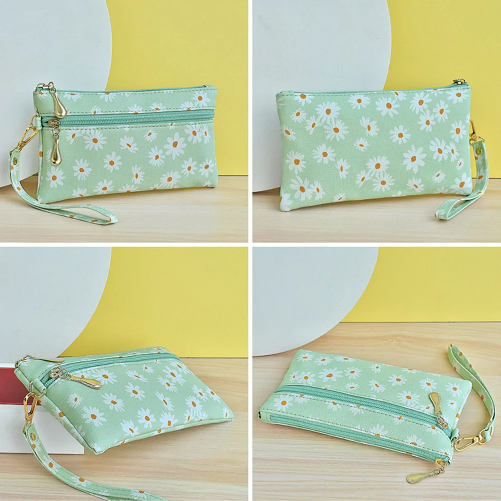 Cartera larga con estampado de margaritas para mujer, monedero con doble cremallera, bolso de mano de cuero Pu, almacenamiento multicapa, bolso de mano con clip