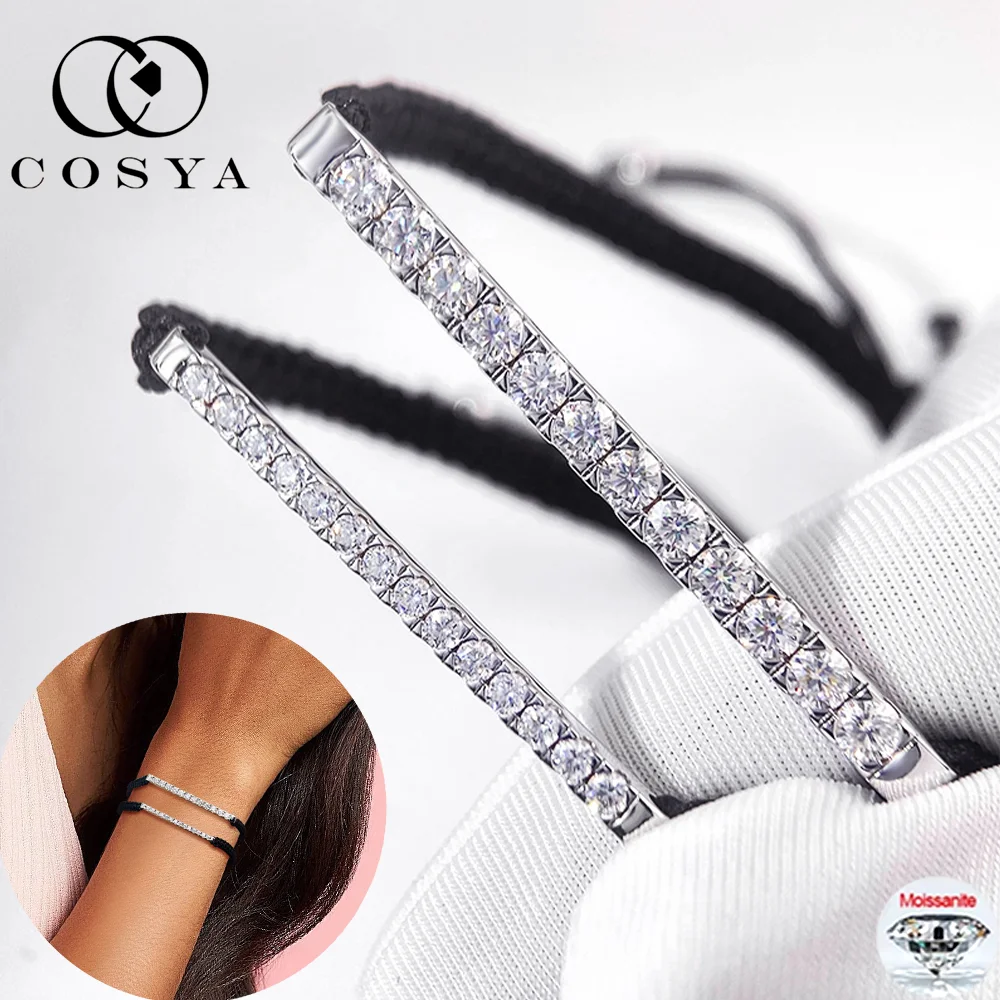 COSYA 2/3mm Full Moissanite Braided Rope Bracelet For Women Men S925 Silver D VVS1 Lab Diamond Adjustable Bracelet Fine Jewelry