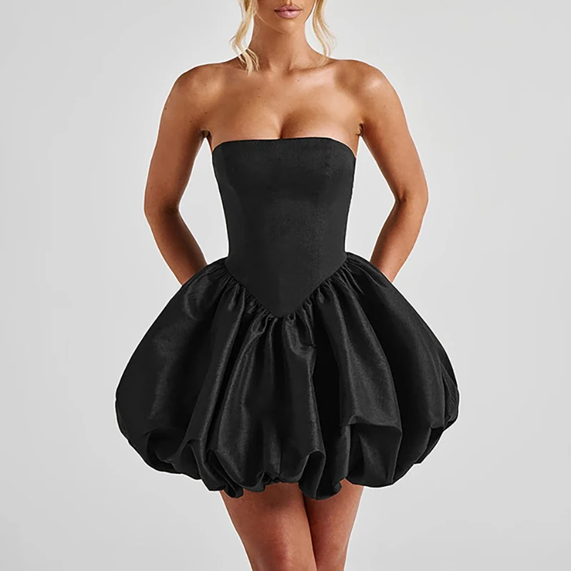 Elegant Backless Bow Slim Party Dress Fashion High Waist Sleeveless Solid Mini Dress Lady Sexy Strapless Pleat Prom A-Line Dress