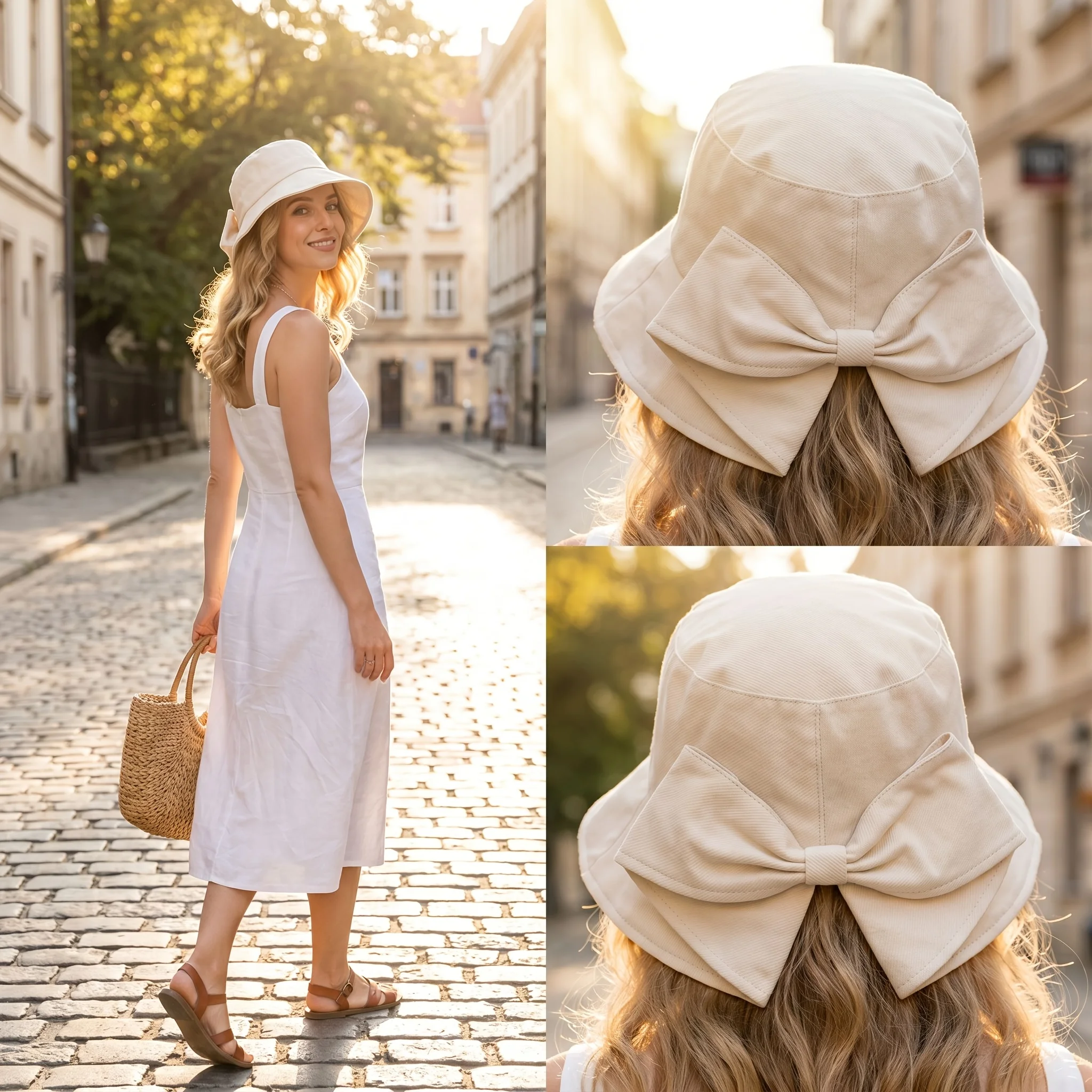 Korean Spring Summer Big Bow Bucket Hat Outdoor Travel Beach UV Protection Fisherman Hat Sweet Solid Foldable Wide Brim Caps