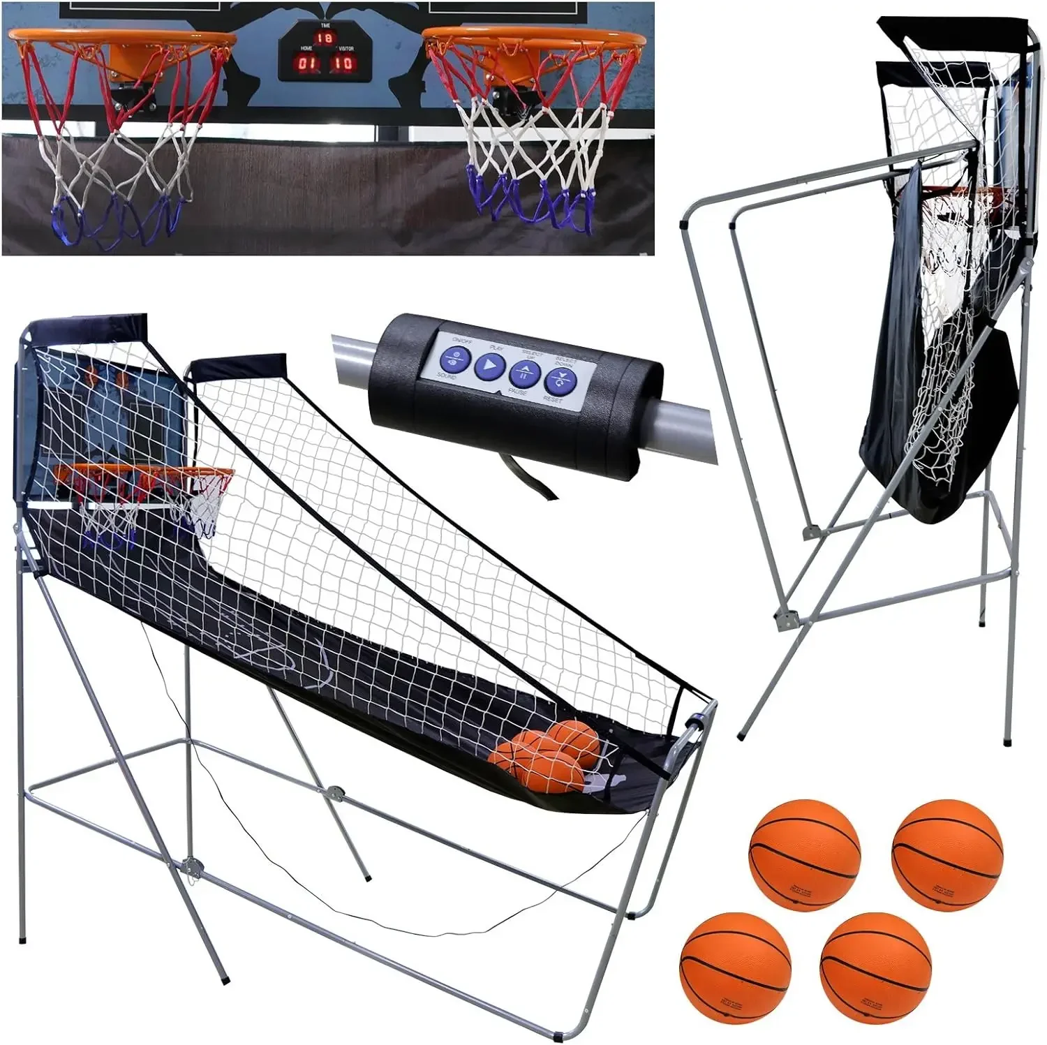 Juego de arcade de baloncesto para interiores, doble disparo, 2 jugadores con 4 bolas, marcador electrónico y bomba de inflado