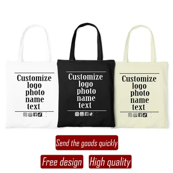 Personalização Logotipo personalizado Imagens Nome Tote Bolsa de lona Grande impressão Compras Bolsas de ombro Praia Pano Bolsas para mulher