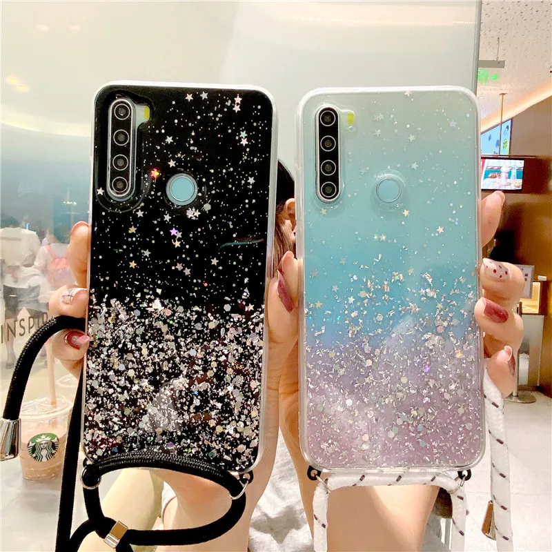 Strap Cord Chain Glitter Sequins Star Lanyard Case for Xiaomi Mi Note 10s 10T Lite 11i 9T Pro Poco F2 F3 M3 X3 NFC Redmi K30 K40