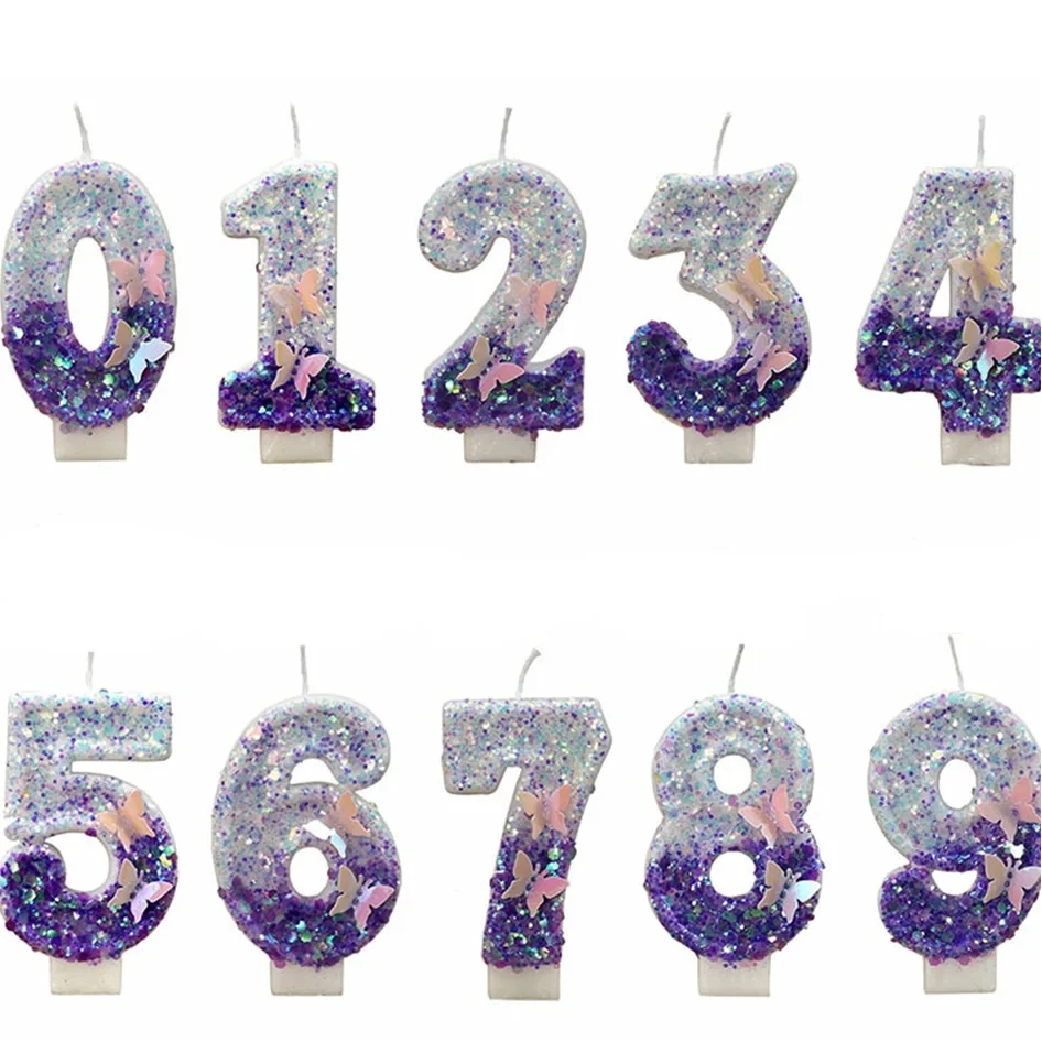 Vela con tema de mariposa y purpurina morada, adorno para tarta con números de 0 a 9, decoración de boda, Baby Shower, decoración de fiesta de cumpleaños para niños y niñas, 1 Uds.