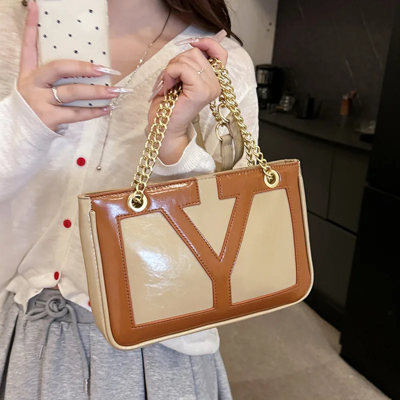 

2025 Women's Color Block Chain Crossbody Bag, Lightweight Adjustable Underarm Purse, Multi-Layer Tote for Work & Casual