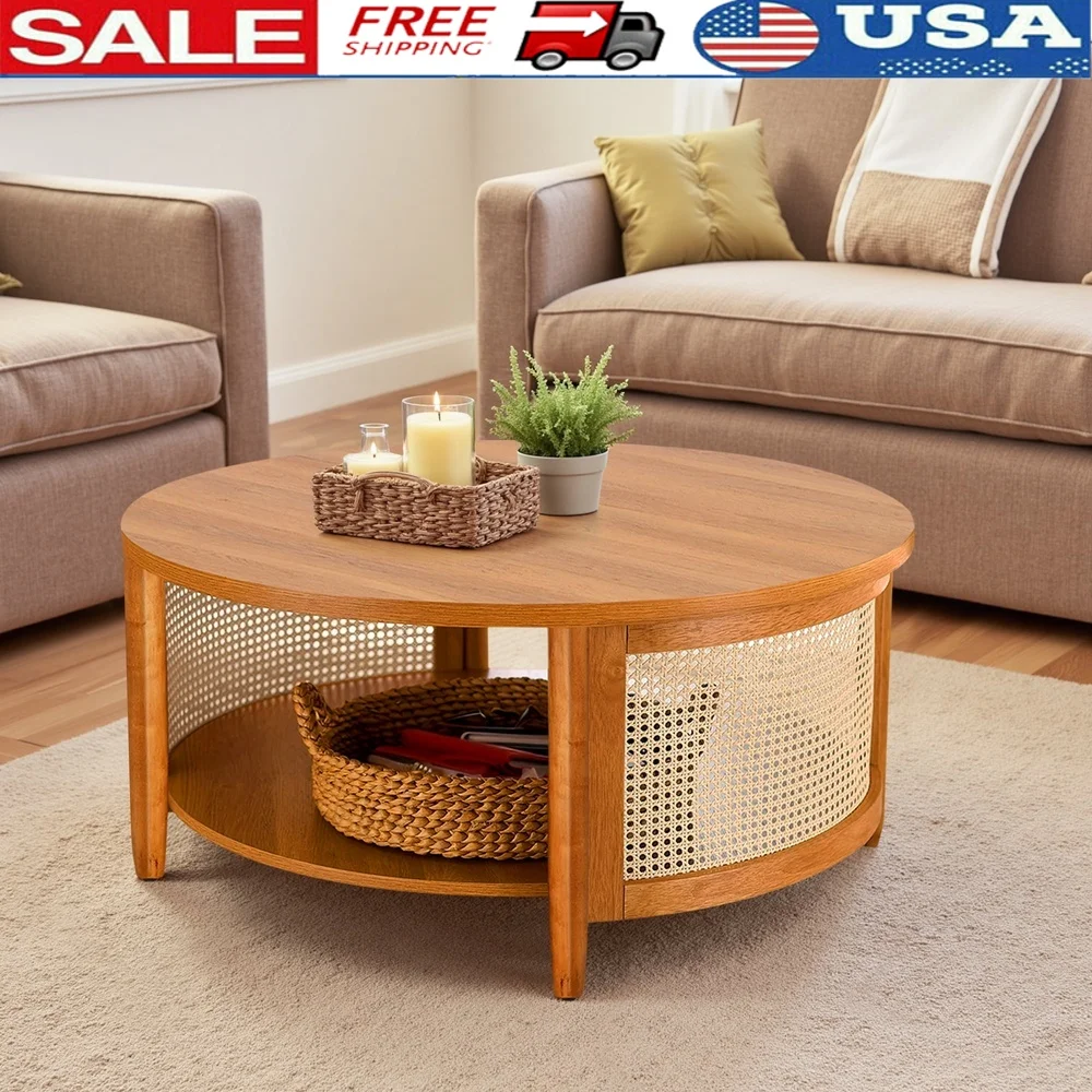 Boho Rattan Coffee Table with Storage Natural Handcrafted Design Dual Tier Round Table Living Room Indoor Use