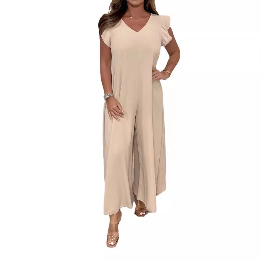 2024 Summer New Women's Clothing Lace-up Ruffle Edge Wide-leg Jumpsuit Solid Color Casual Fashion Temperament Loose Mid-waist