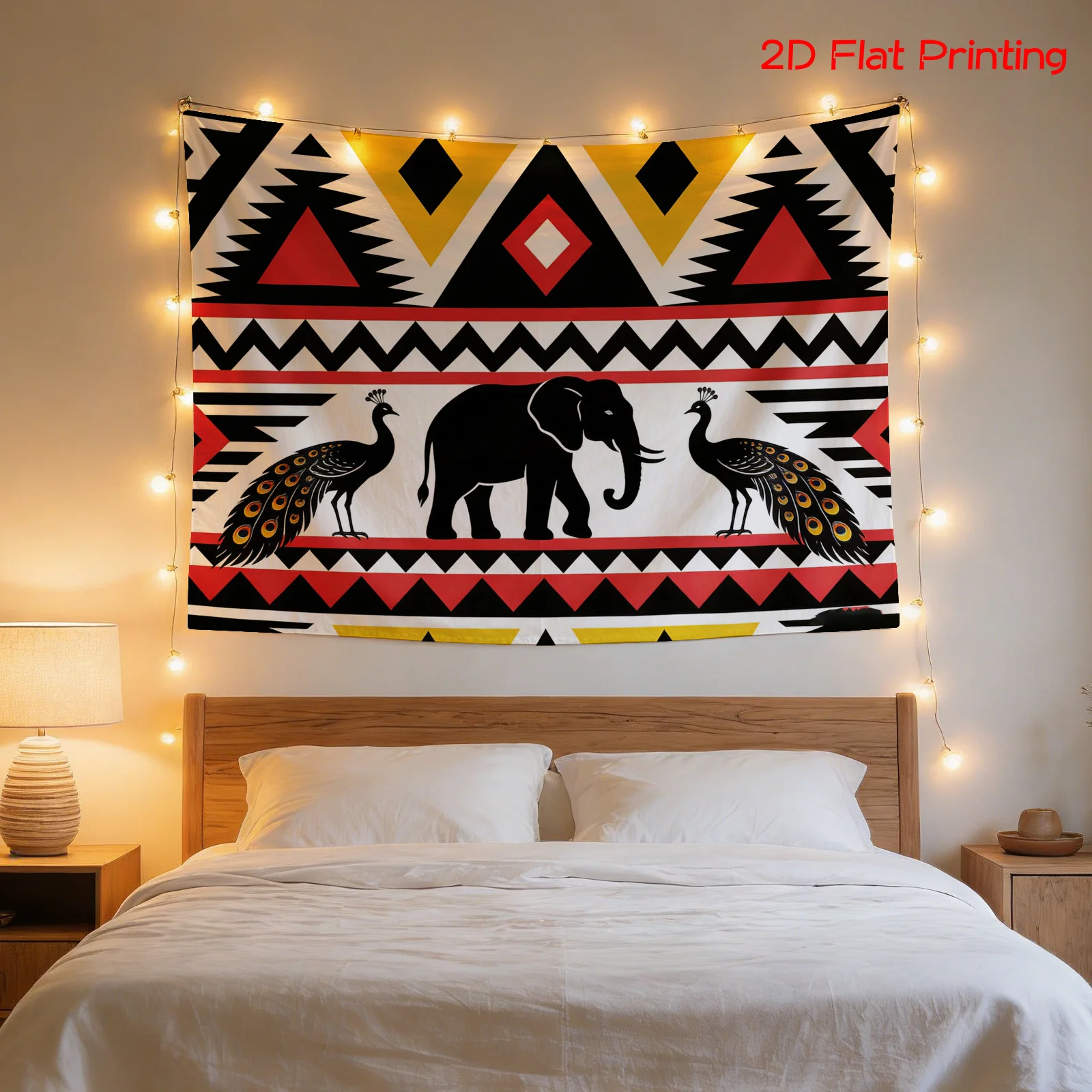 Bohemian Tribal Geometric Tapestry Wall Art Hanging Decor Elephant Peacock Pattern Ethnic Boho Living Room Bedroom Accent Home D
