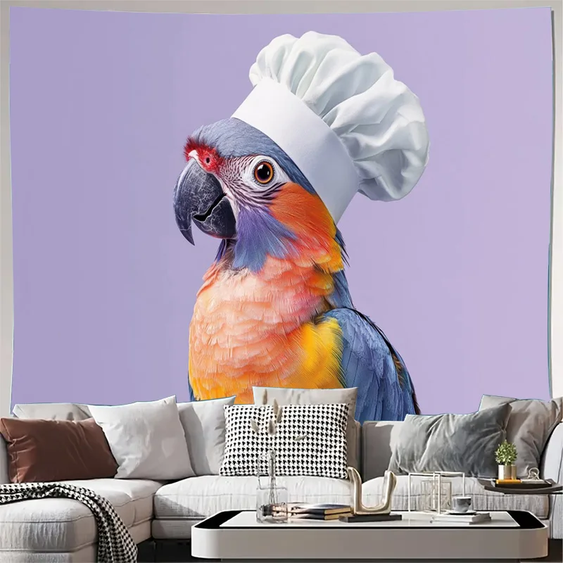 Vibrant Macaw Parrot Chef Illustration Tapestry Wall Decor Print Tropical Bird Art Funny Kitchen Living Room Bedroom Hanging Can