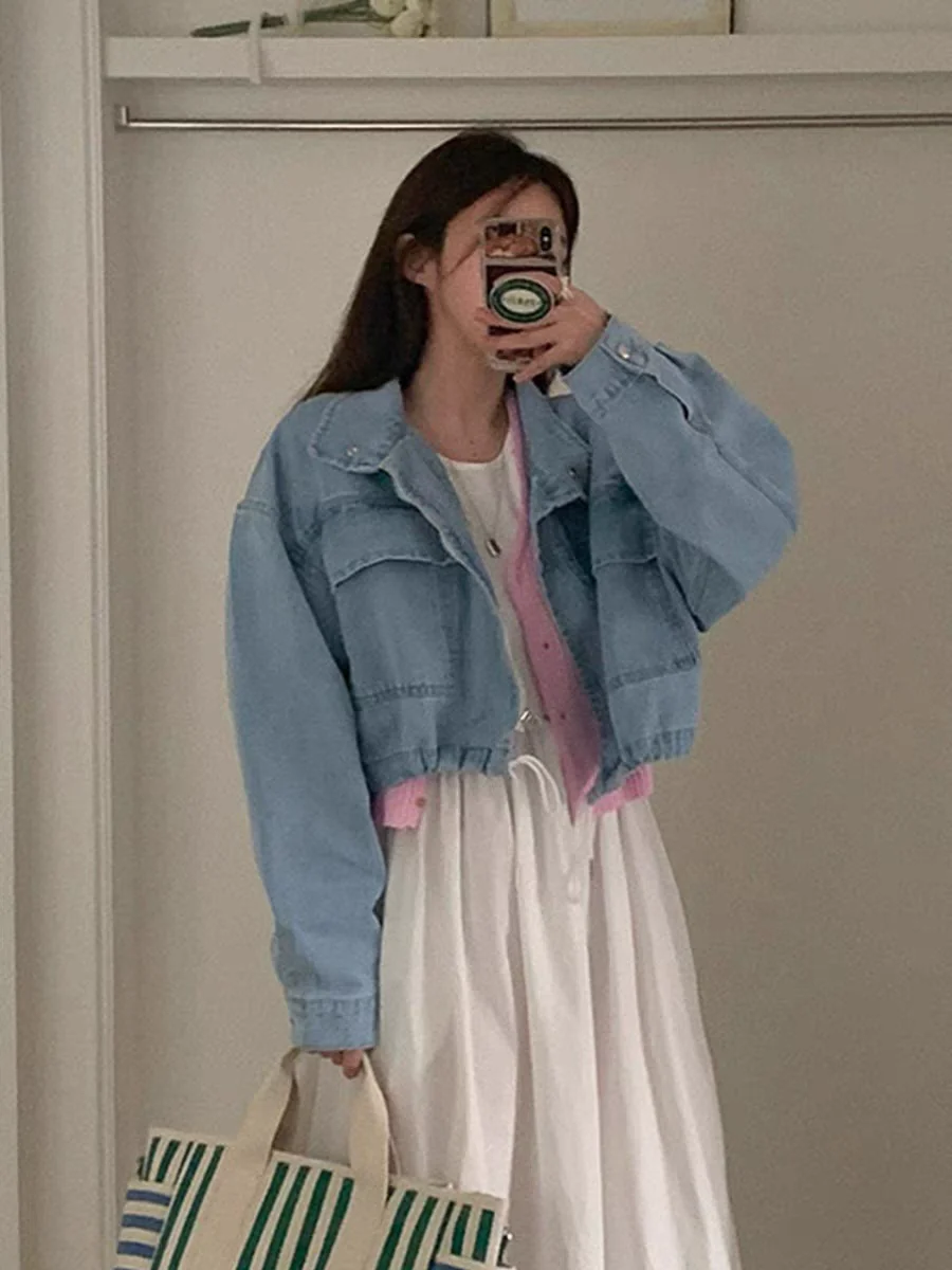 

Джинсовый тюнер в стиле ретро, женский свободный утягивающий подол с завязками, двойной модный топ, хлопковый воротник, застежка-молния