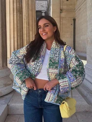 HH Women Fashion Vintage Pint Cotton Coat Patchwork O Neck Loose Long Sleeve Jacket Autumn Outerwear Chic Woman Streetwear