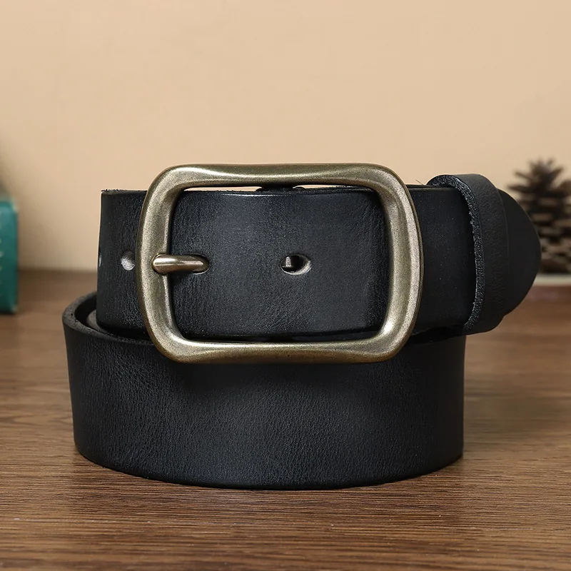 Retro handmade color matching pleated copper buckle belt, men's leather trendy needle buckle pure cowhide belt