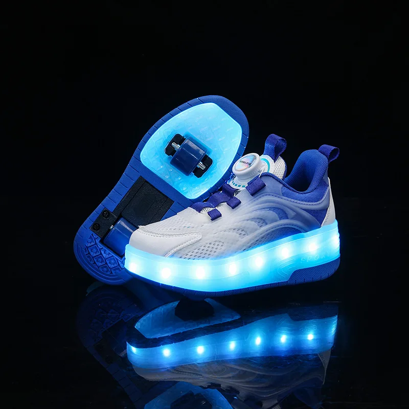 Jongens Meisjes Kids Usb Oplaadbare Lichtgevende Casual Sneakers Led Light Wheel Outdoor Parkour Rolschaatsen Pu Sport Wielen Schoenen