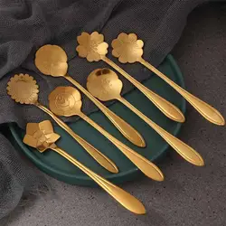 Flower Spoon Cute Ice Cream Dessert Cake Spoon Coffee Tea Honey Sugar Spoon Vintage Sliver Gold Stainless Steel Flower Teaspoon
