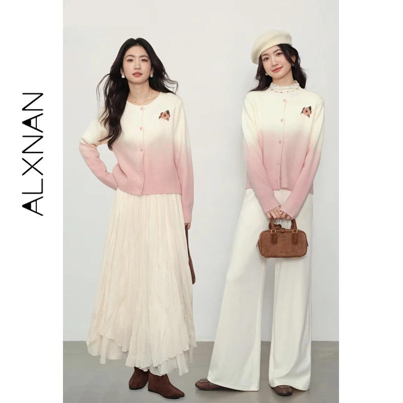 

ALXNAN Gradient Pink Cardigan Women Round Neck 3d Flower Design Loose-fit Sweater 2026 Spring Sweet Elegant Knit Cardigan L57212