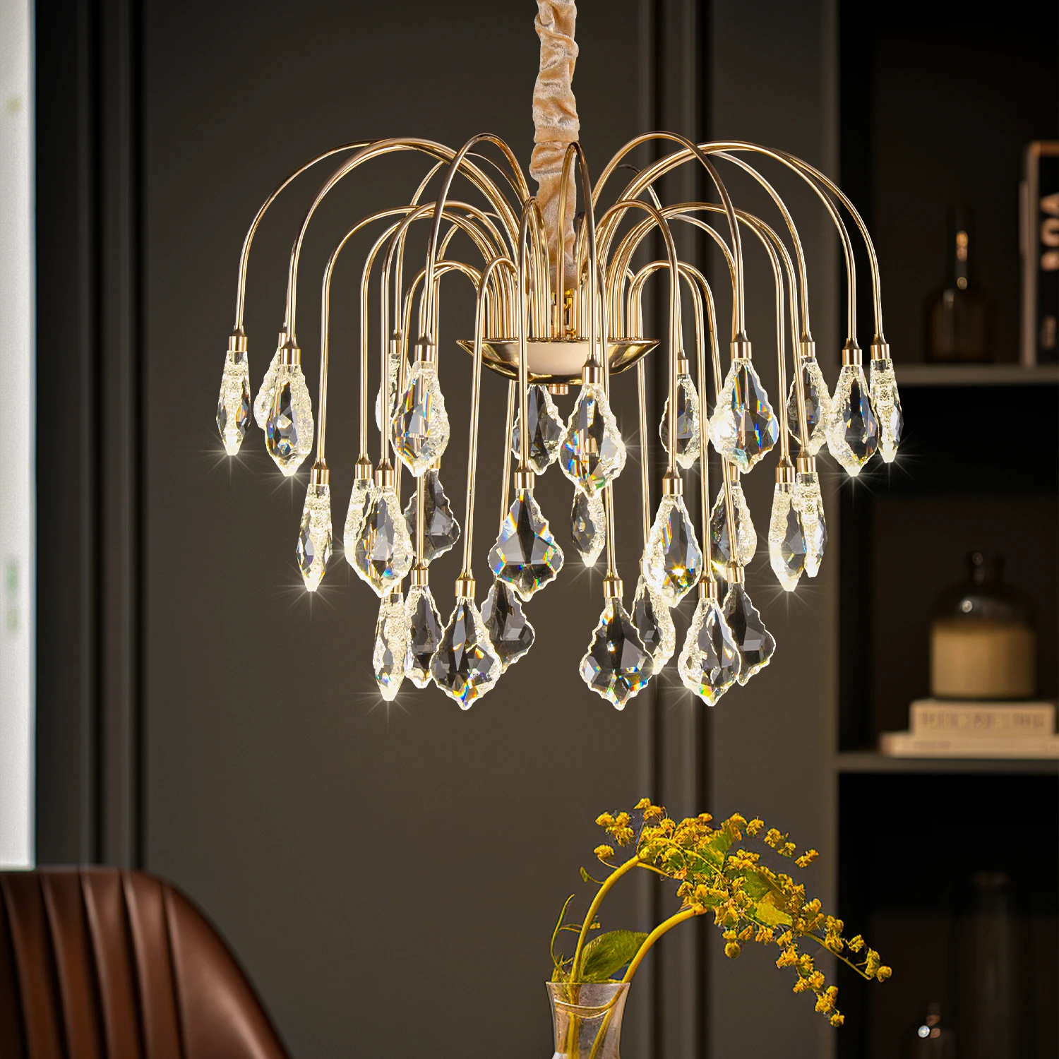 

Modern French Leaf Crystal Chandelier For Bedroom Living Room Luxury Gold Crystal Branch Pendant Chandeliers Lighting For Room