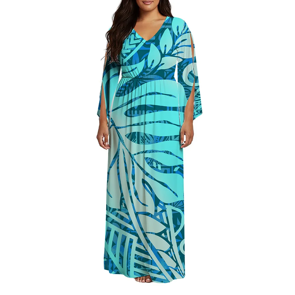 Polynesian Custom Wholesale Dress With Pattern Summer V-Neck Butterfly Sleeves Floral Print High-Quality Long Dress Formal Gown