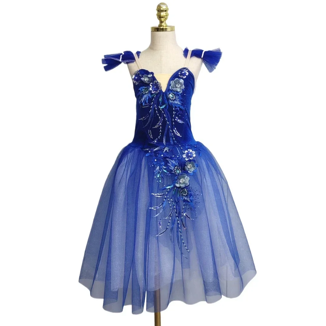 Blue Ballet Tutu Skirts 3d Flower Dress Performance Costumes Princess Dance Practice Long Romantic Dress