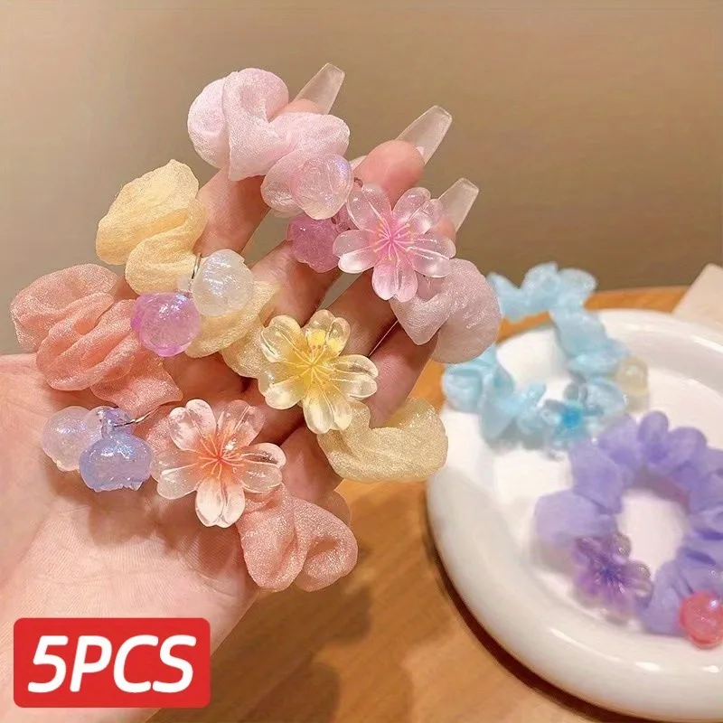 

5Pcs/set Jelly Colored Small Intestine Headband Cute Cherry Blossom Hair Tie Sweet Temperament Tied Hair Elastic Band